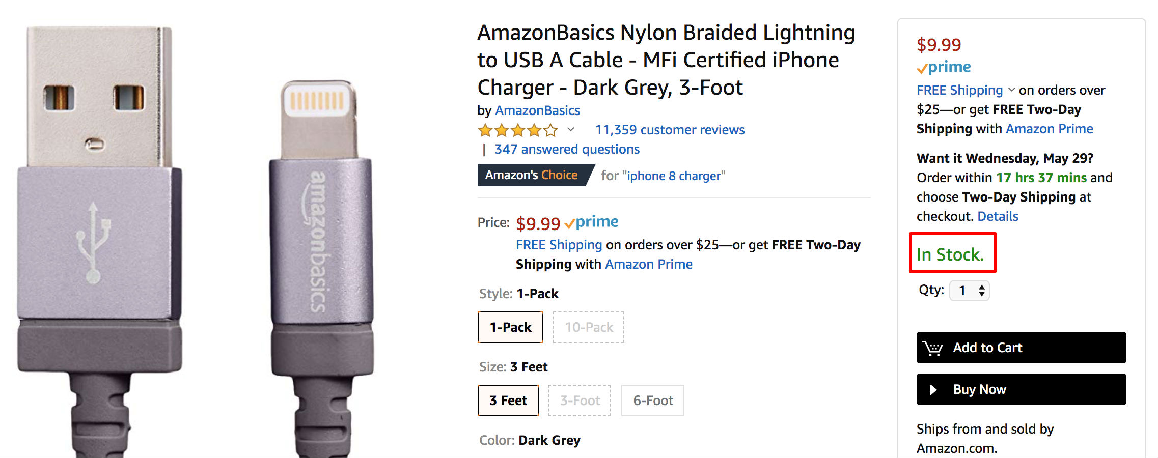 An example Product Landing Page on Amazon.com showing "In Stock." availability message (Highlighted)