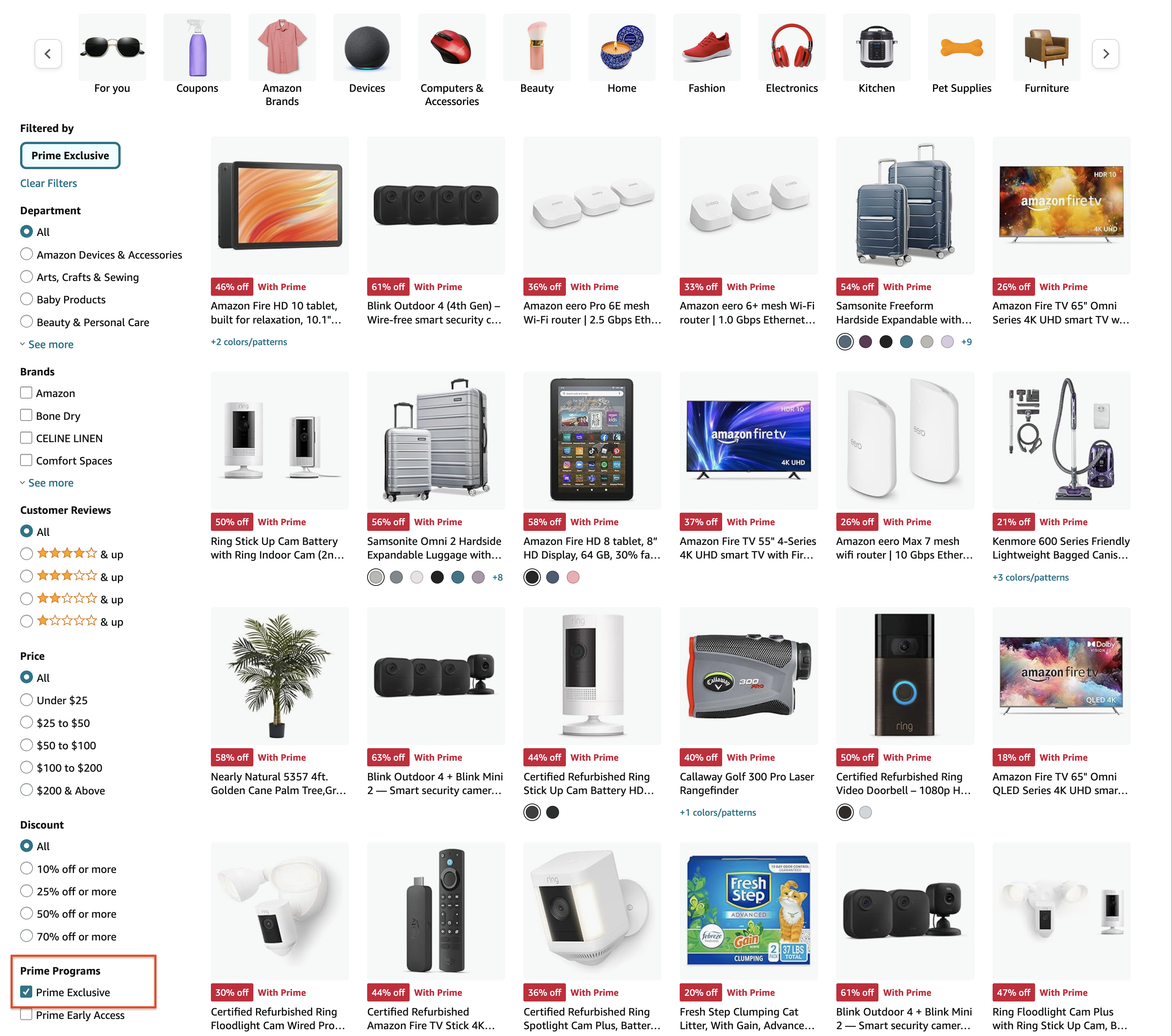 Amazon Deals Page with the Prime Exclusive Filter Applied (Highlighted)